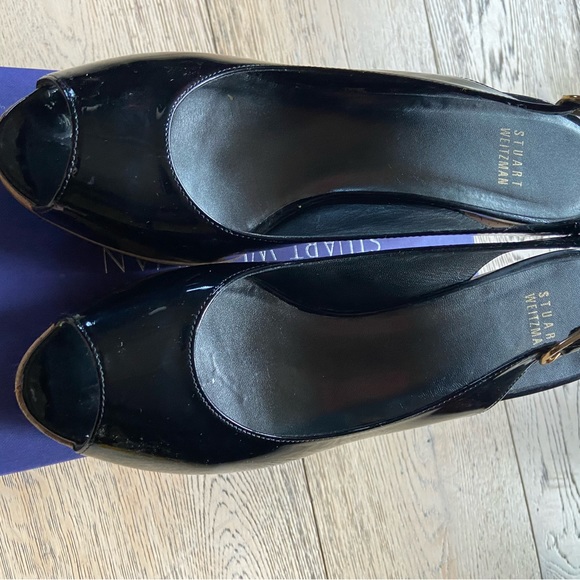 Stuart Weizman, black, patent leather wedge heels.